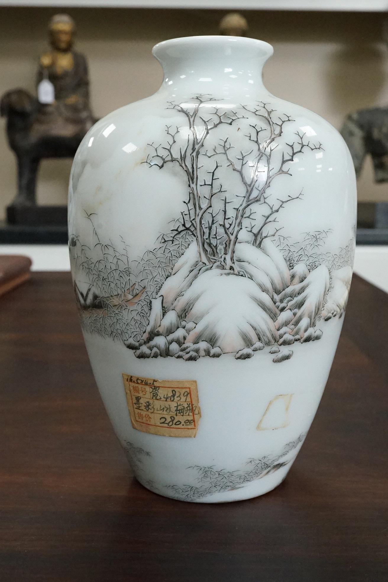 A Chinese inscribed enamelled porcelain ‘Winter landscape’ vase, Qianlong four character mark but Republic period
